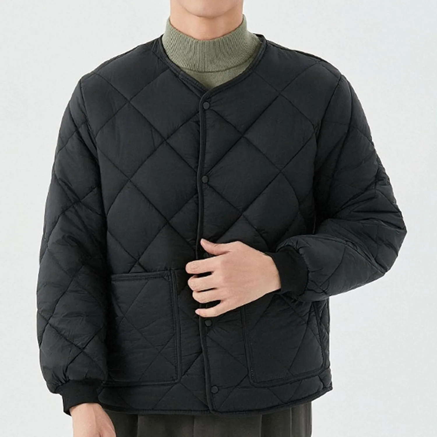 DGHM-JLMY Men Fleece Long-Sleeved Diamond Quilted Jacket Solid V Neck Cotton Coat Winter Warm Padded Coats Outwear