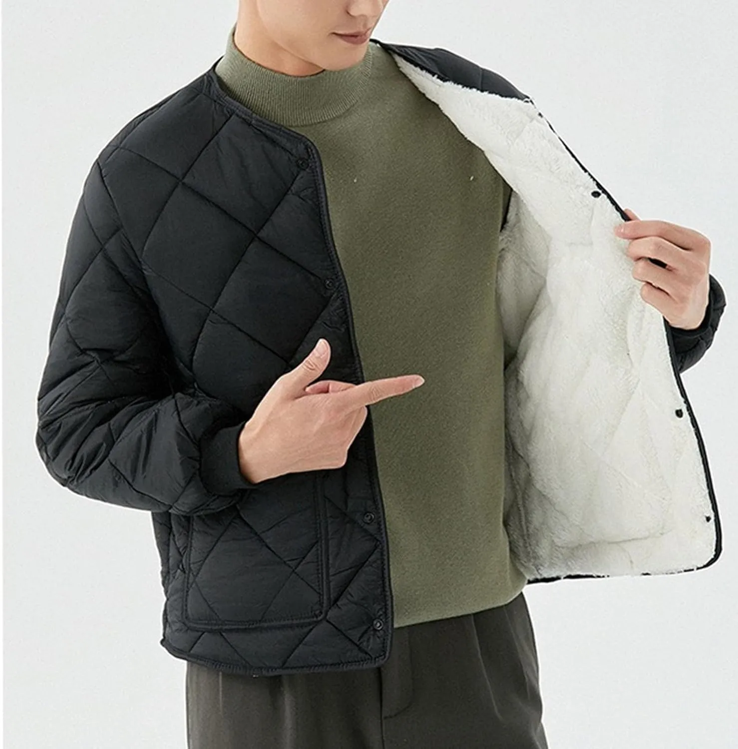 DGHM-JLMY Men Fleece Long-Sleeved Diamond Quilted Jacket Solid V Neck Cotton Coat Winter Warm Padded Coats Outwear