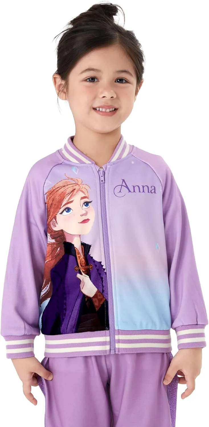 Disney Frozen Elsa Princess Moana Ariel Rapunzel Toddler Girl Varsity Bomber Jacket Lightweight Zip-up Sweatshirt 2-6T