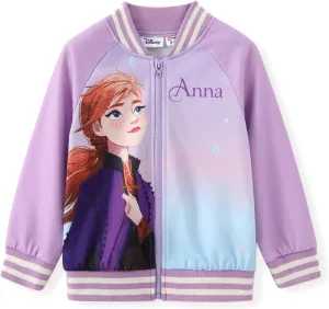 Disney Frozen Elsa Princess Moana Ariel Rapunzel Toddler Girl Varsity Bomber Jacket Lightweight Zip-up Sweatshirt 2-6T
