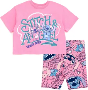 Disney Junior Girls Cropped Boxy T-Shirt and Bike Shorts Outfit Set Toddler to Big Kid Sizes (2T - 14-16)