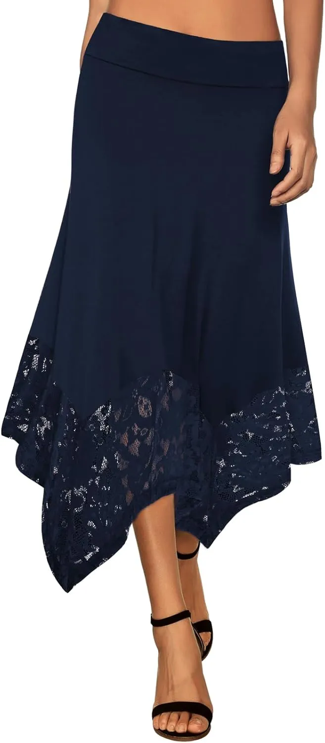 DJT Womens Flat Elastic High Waist Skirts Stretchy Flowy Handkerchief Lace Splicing Hem Midi Skirt