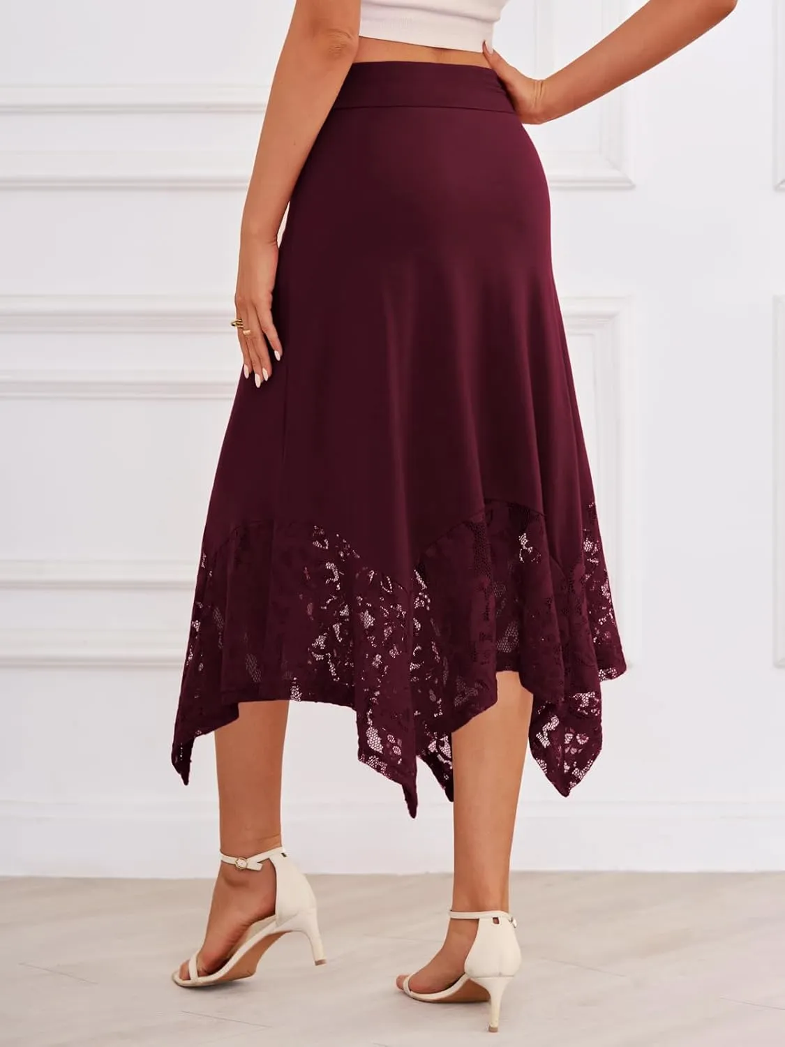 DJT Womens Flat Elastic High Waist Skirts Stretchy Flowy Handkerchief Lace Splicing Hem Midi Skirt