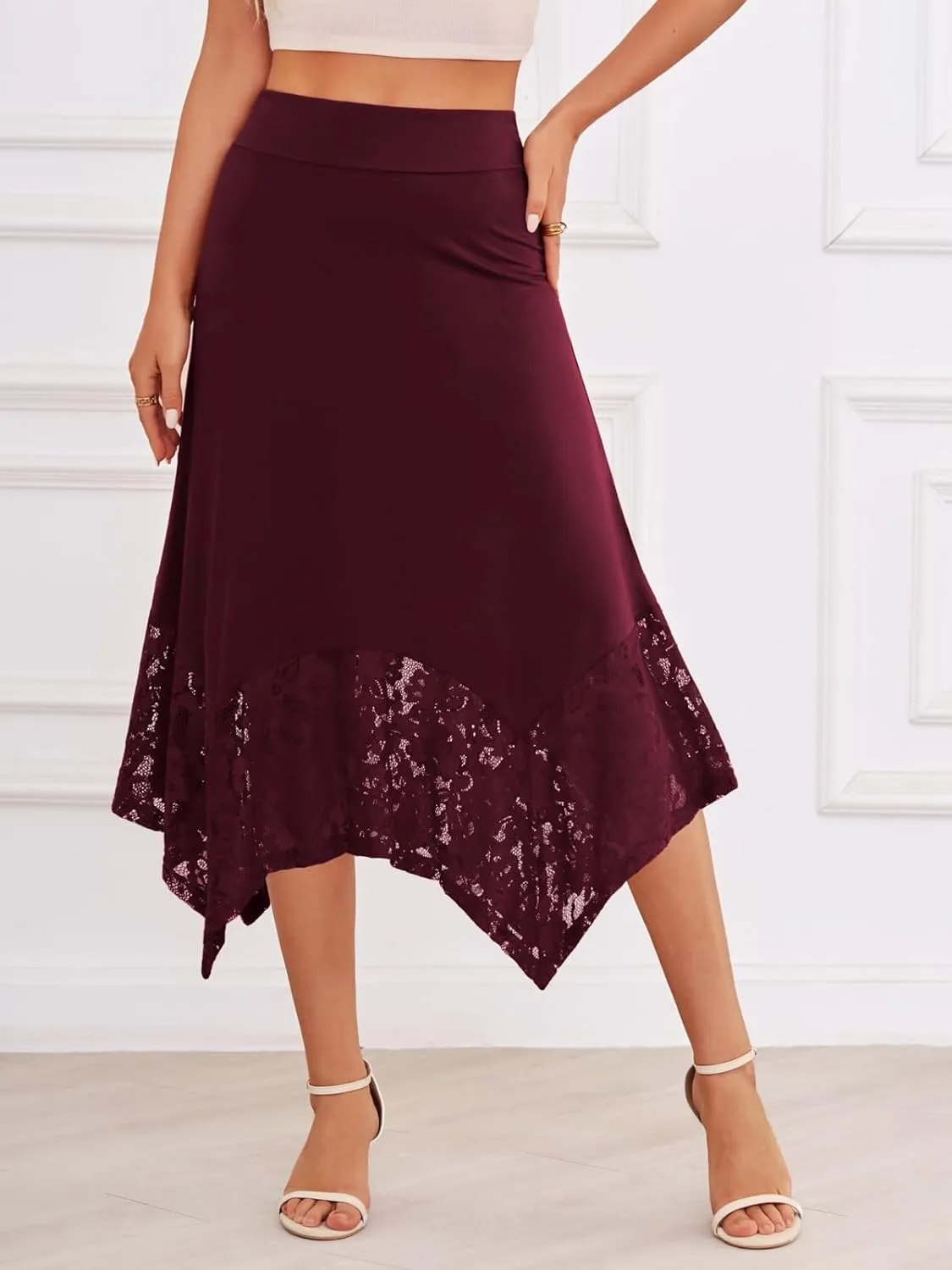 DJT Womens Flat Elastic High Waist Skirts Stretchy Flowy Handkerchief Lace Splicing Hem Midi Skirt