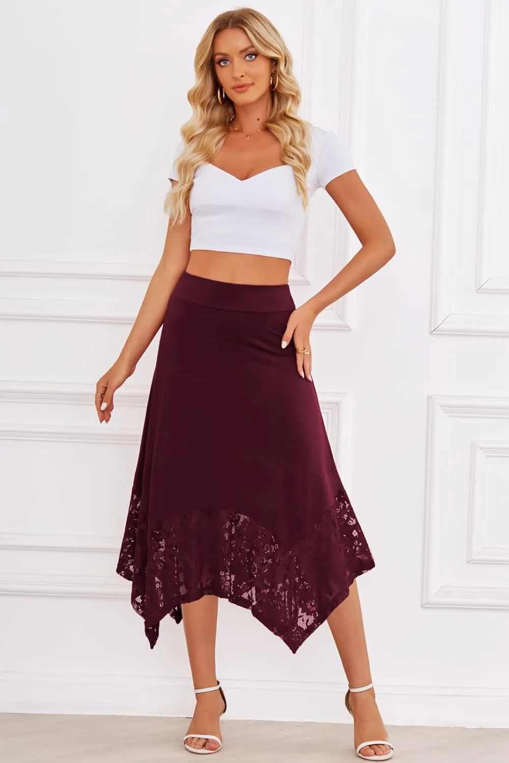 DJT Womens Flat Elastic High Waist Skirts Stretchy Flowy Handkerchief Lace Splicing Hem Midi Skirt