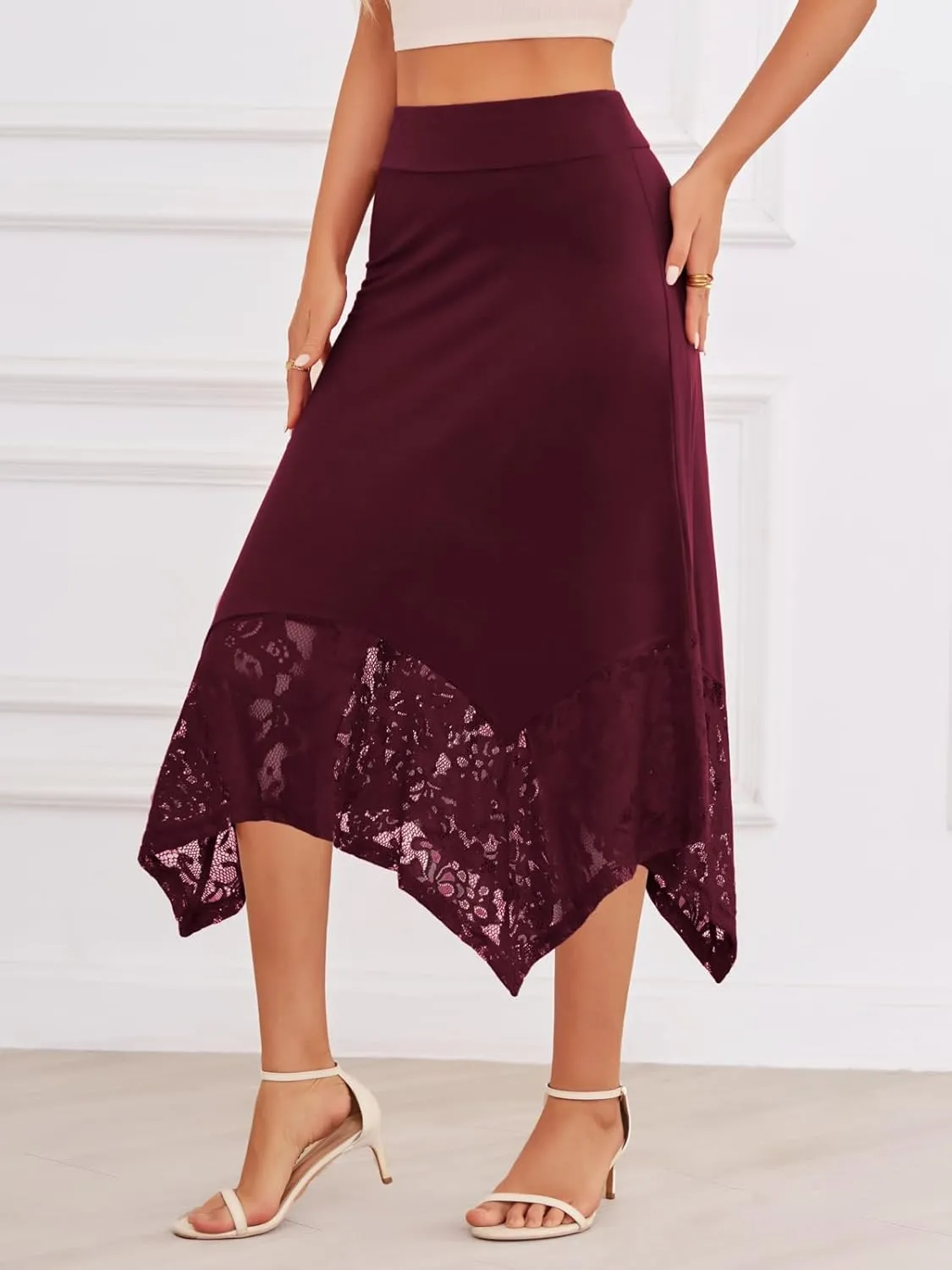 DJT Womens Flat Elastic High Waist Skirts Stretchy Flowy Handkerchief Lace Splicing Hem Midi Skirt