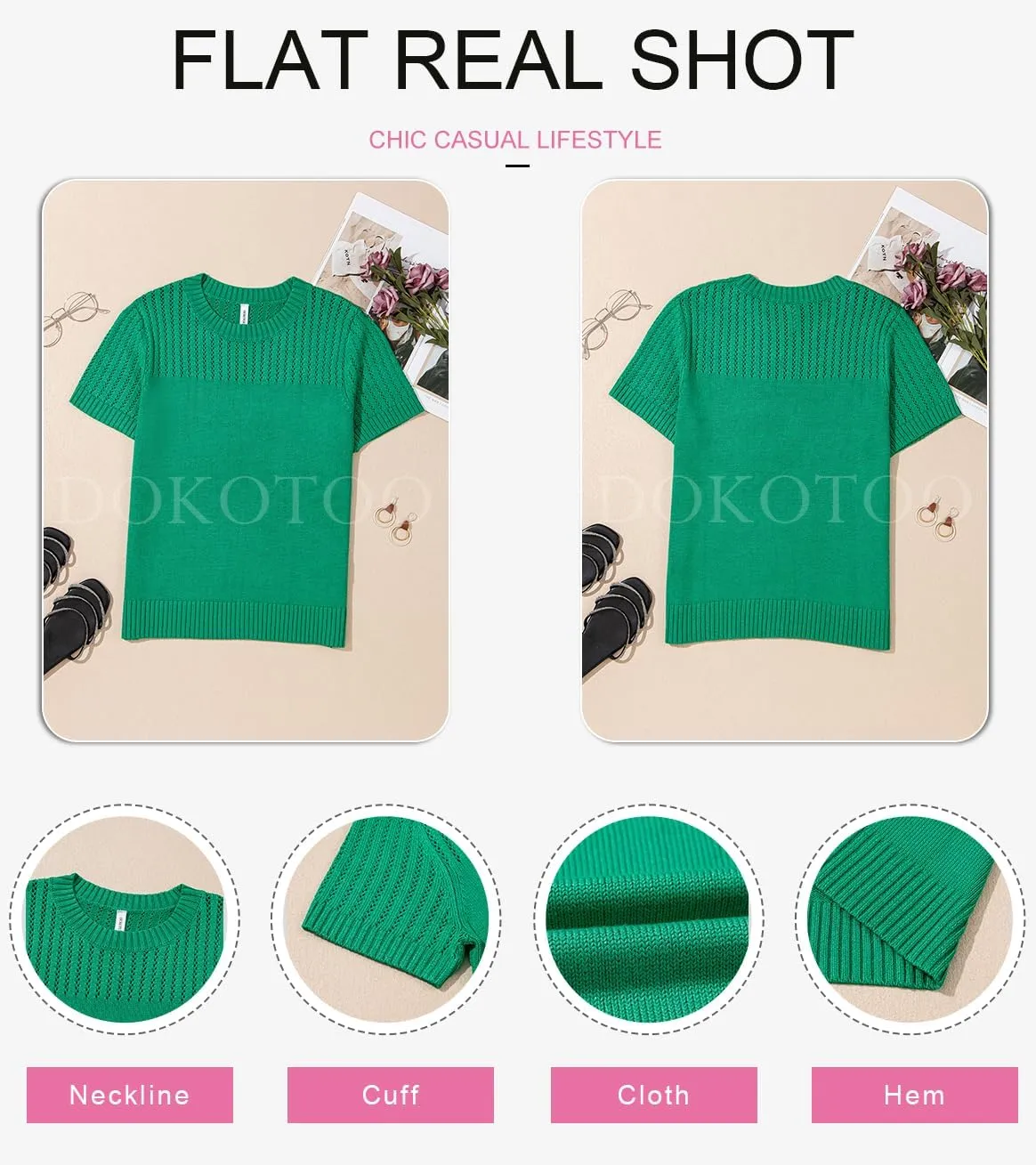 Dokotoo Womens Summer Tops Dressy Casual Crewneck Short Sleeve Shirts Solid Hollow Out Knit Loose Sweater Blouses