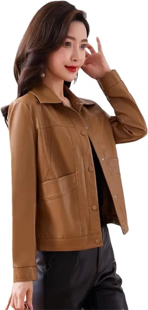 Dvbfufv Women Leather Jacket Spring Autumn Women Fashion Casual Single Breasted Slim Short Coat Women Outerwear