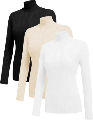 Ekouaer Women 3 Pack Turtleneck Shirts Ribbed Thermal Underwear Tops Lightweight Long Sleeve Layer Tees Basic Pullover Blouse