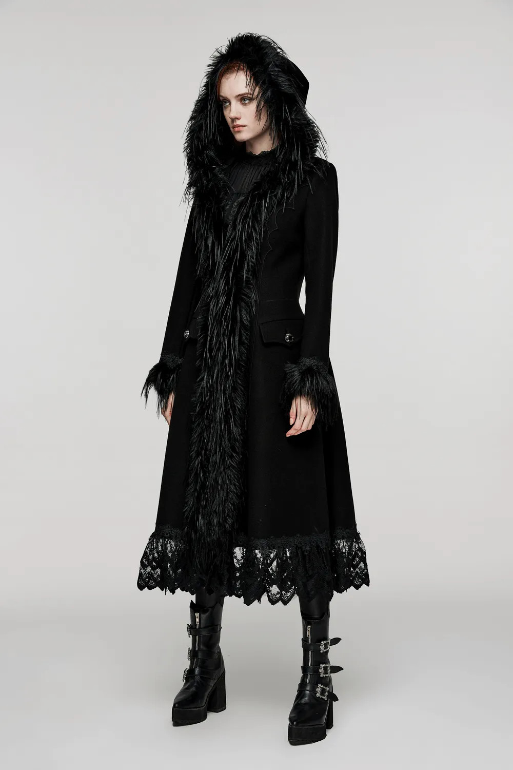 Elegant Gothic Faux Cashmere Lace-Trim Coat