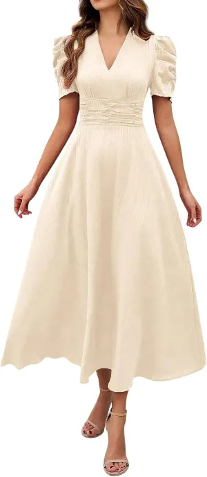 Elegant Women's Vintage A-Line Midi Dress with Puff Sleeves and V-Neck for Party, Wedding, Evening Outfits