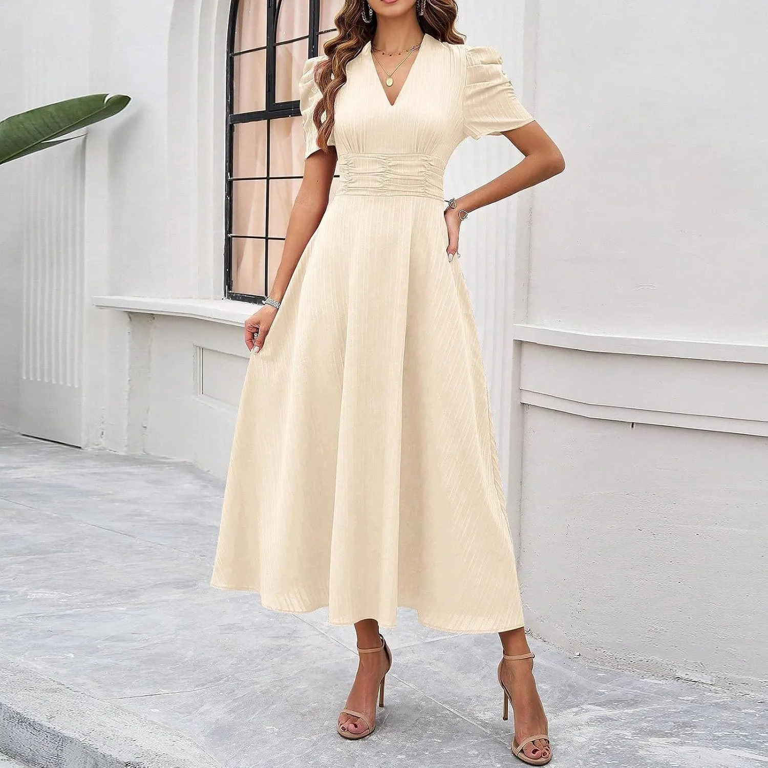 Elegant Women's Vintage A-Line Midi Dress with Puff Sleeves and V-Neck for Party, Wedding, Evening Outfits
