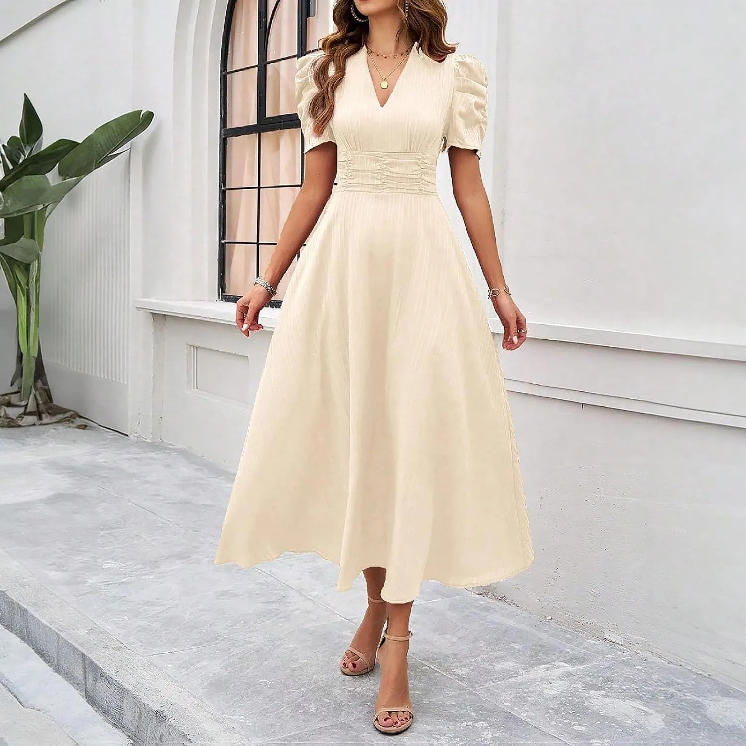 Elegant Women's Vintage A-Line Midi Dress with Puff Sleeves and V-Neck for Party, Wedding, Evening Outfits