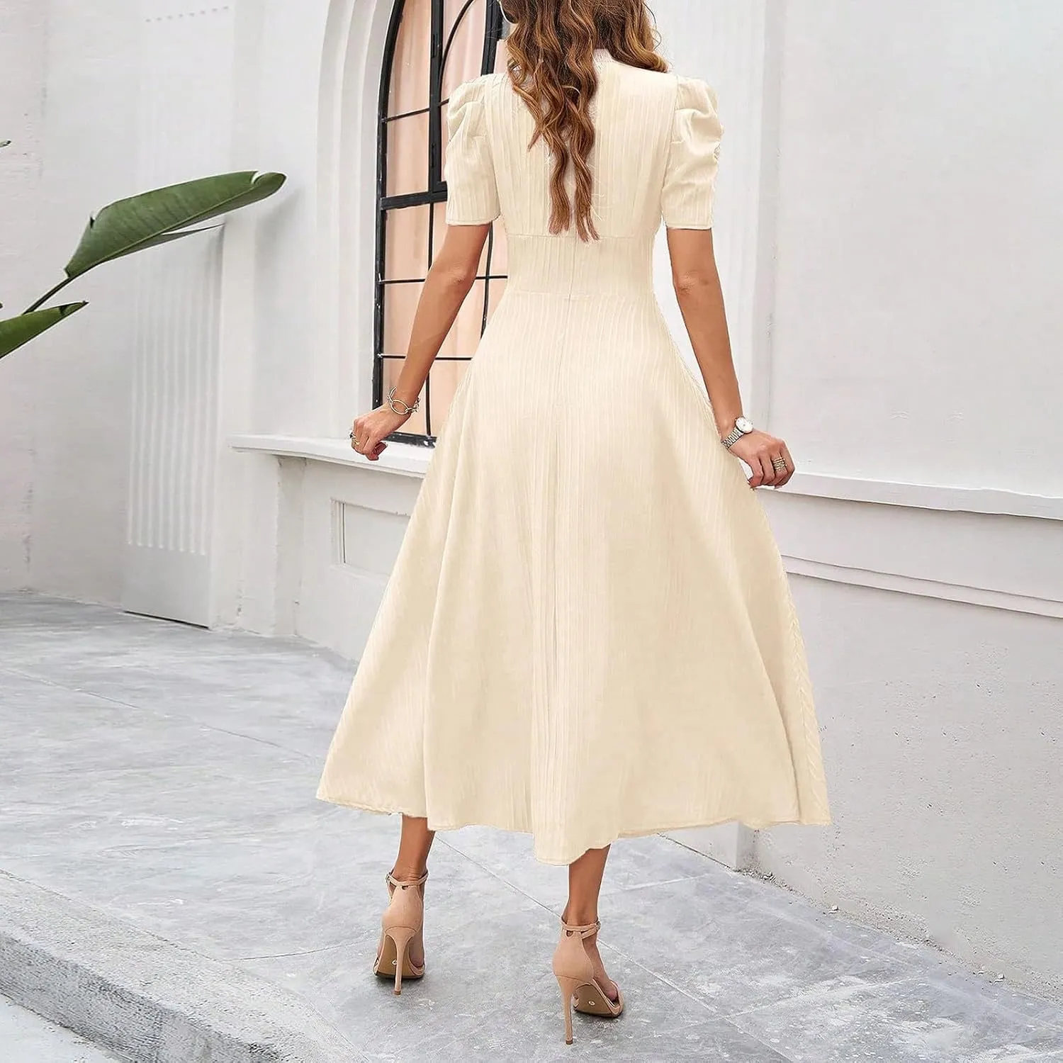 Elegant Women's Vintage A-Line Midi Dress with Puff Sleeves and V-Neck for Party, Wedding, Evening Outfits