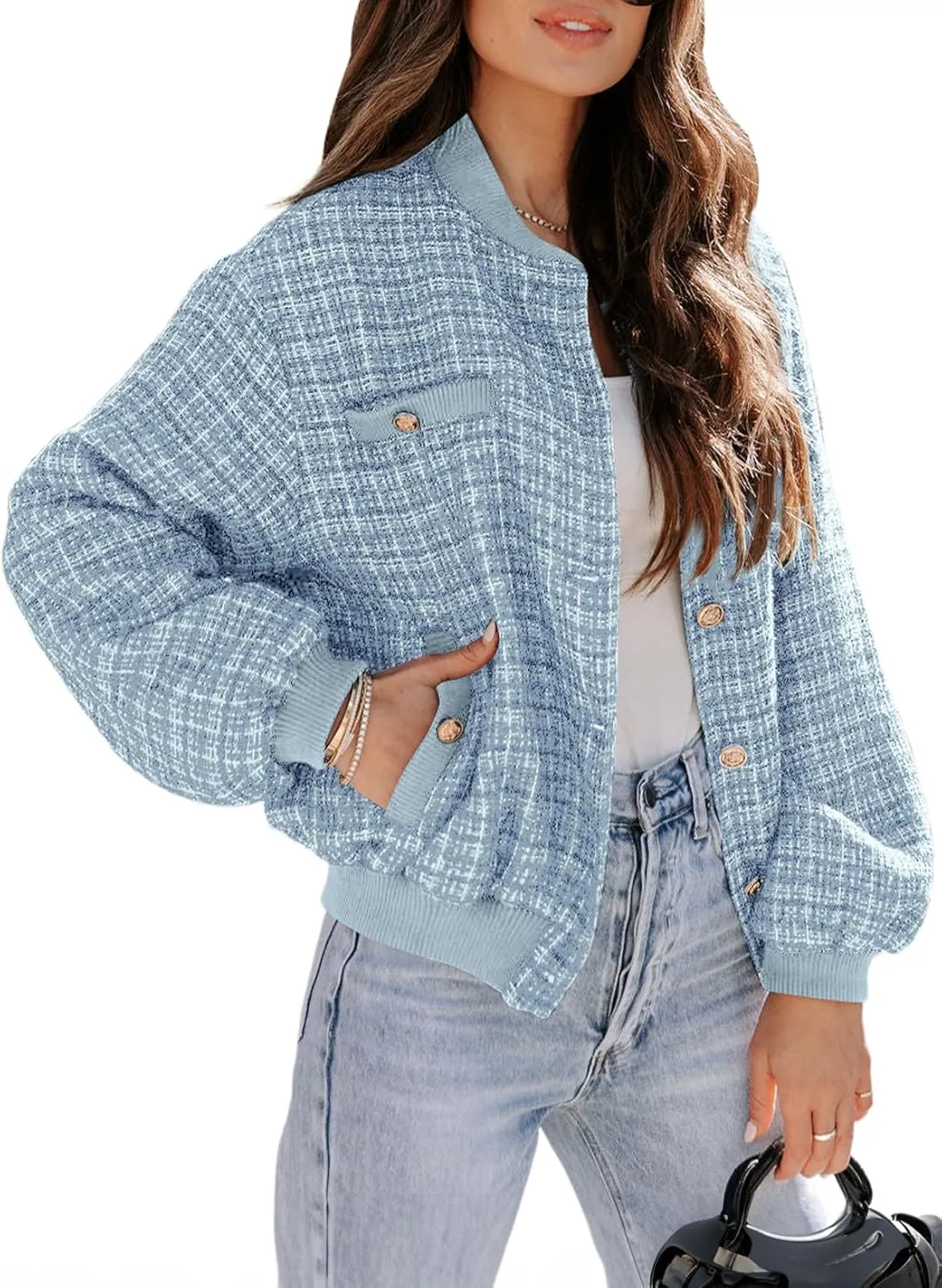 EVALESS Fashion Jacket for Women 2024 Fall Winter Trendy Button Short Shacket Long Sleeve Plaid Cropped Jackets