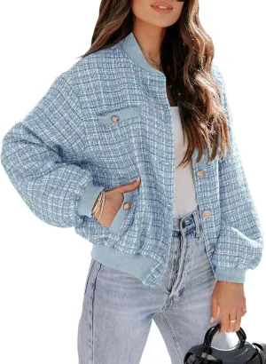 EVALESS Fashion Jacket for Women 2024 Fall Winter Trendy Button Short Shacket Long Sleeve Plaid Cropped Jackets