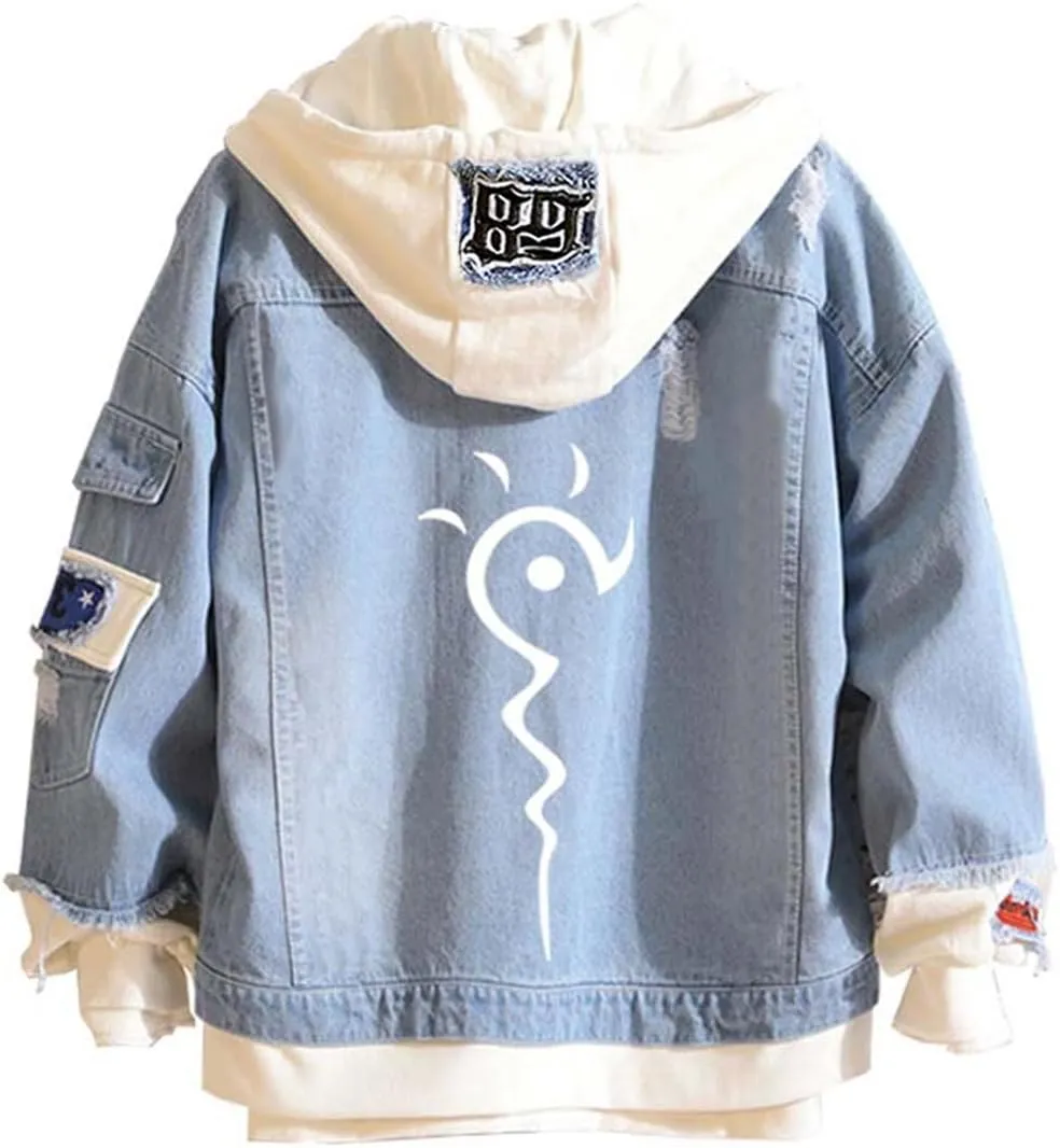 Fairytail Jeans Jacket Anime Lucy Heartfilia Cosplay Denim Jacket Hoodie Casual Fashion Ripped Novelty Coat for Unisex