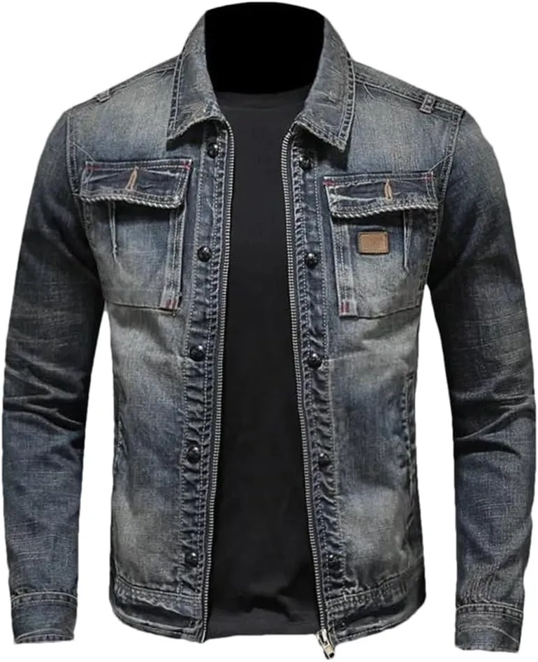 Fashion Trend Zipper Motorcycle Denim Jacket Men's Lapel Vintage Denim Jacket