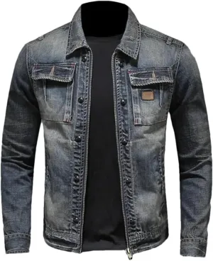 Fashion Trend Zipper Motorcycle Denim Jacket Men's Lapel Vintage Denim Jacket