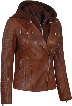fjackets Leather Jackets For Women - Removable Hood Real Lambskin Bagheria Cognac Brown Leather Jacket Women | [1315073] M