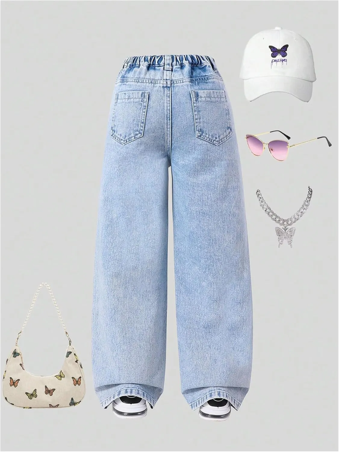 Floerns Girl's Butterfly Print Asymmetric Waist Ripped Jeans Wide Leg Y2k Denim Pants