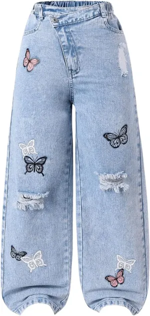 Floerns Girl's Butterfly Print Asymmetric Waist Ripped Jeans Wide Leg Y2k Denim Pants