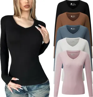 FMNNNN 5 Piece Womens V Neck Long Sleeve Shirts Basic Spring Crop Tops Fall Fashion Layering Slim Fitted Y2k Tops