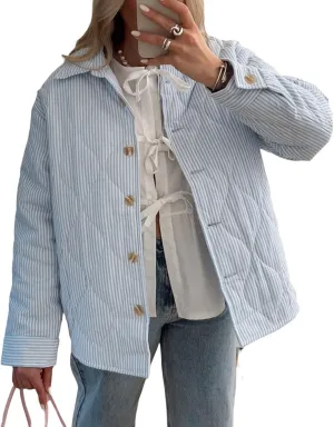 FOMOYUU Women Y2K Quilted Jacket Turn Down Collar Striped Print Button Padded Coat Lightweight Long Sleeve Puffer Outwear