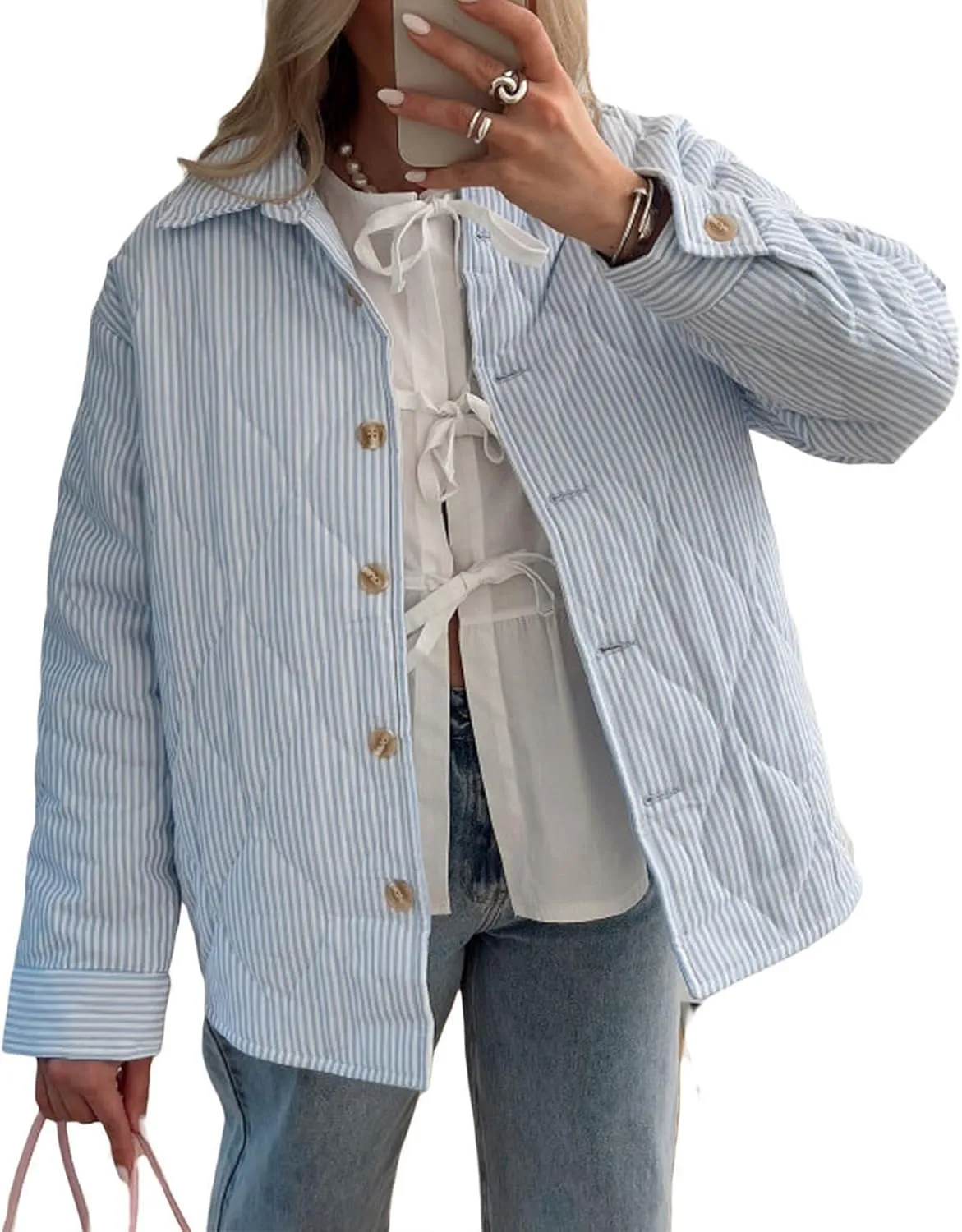 FOMOYUU Women Y2K Quilted Jacket Turn Down Collar Striped Print Button Padded Coat Lightweight Long Sleeve Puffer Outwear