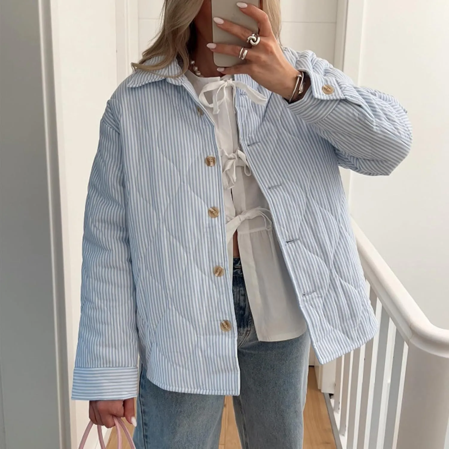 FOMOYUU Women Y2K Quilted Jacket Turn Down Collar Striped Print Button Padded Coat Lightweight Long Sleeve Puffer Outwear