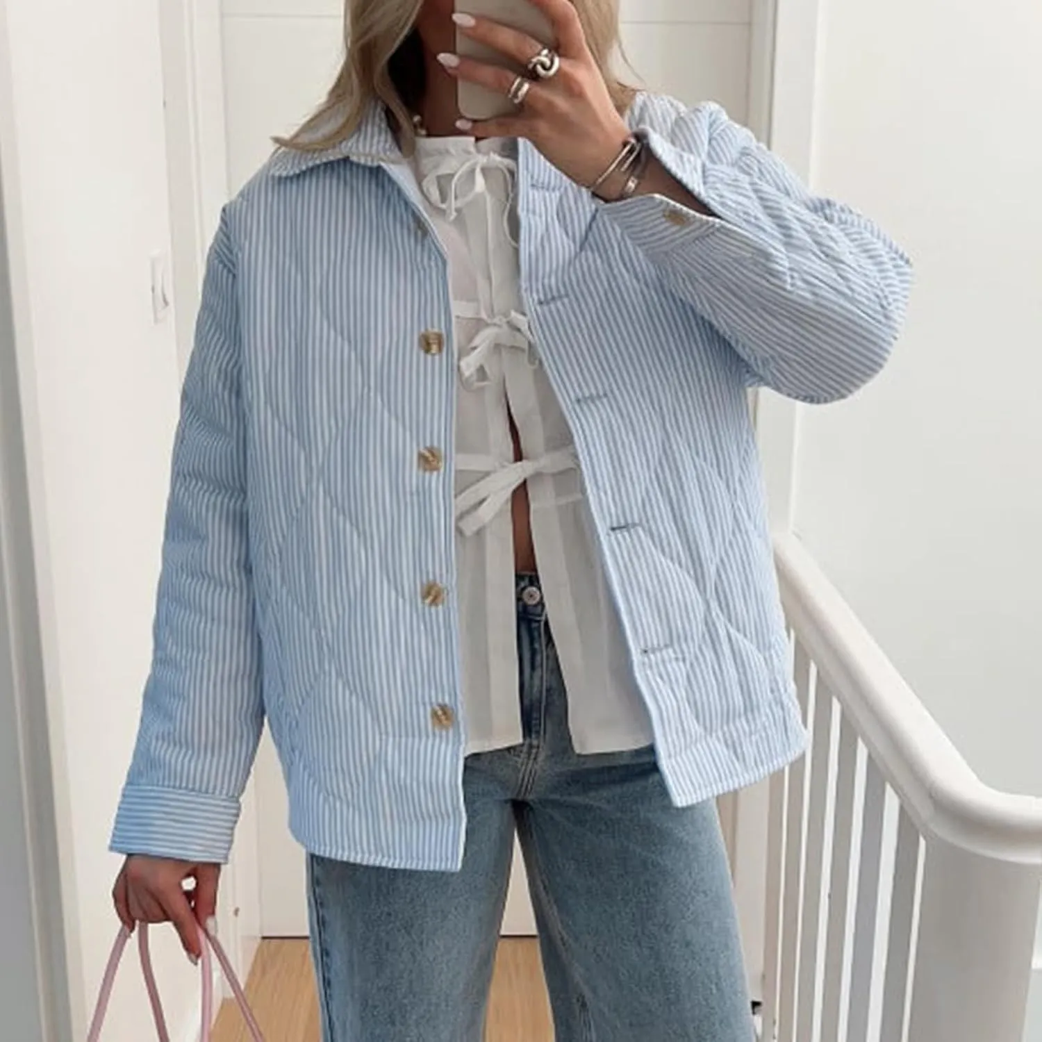 FOMOYUU Women Y2K Quilted Jacket Turn Down Collar Striped Print Button Padded Coat Lightweight Long Sleeve Puffer Outwear