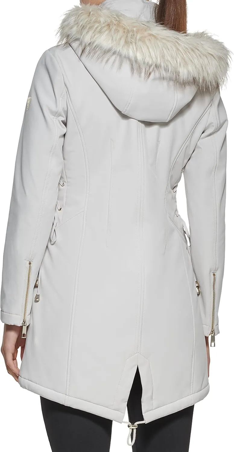 GUESS Womens Long Softshell Coat-Water Resistant Fall Jacket, Faux Fur