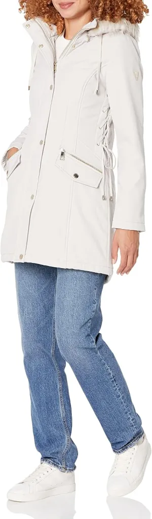 GUESS Womens Long Softshell Coat-Water Resistant Fall Jacket, Faux Fur