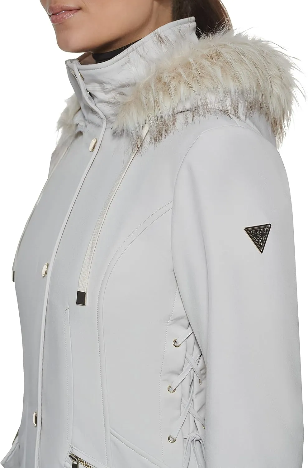 GUESS Womens Long Softshell Coat-Water Resistant Fall Jacket, Faux Fur