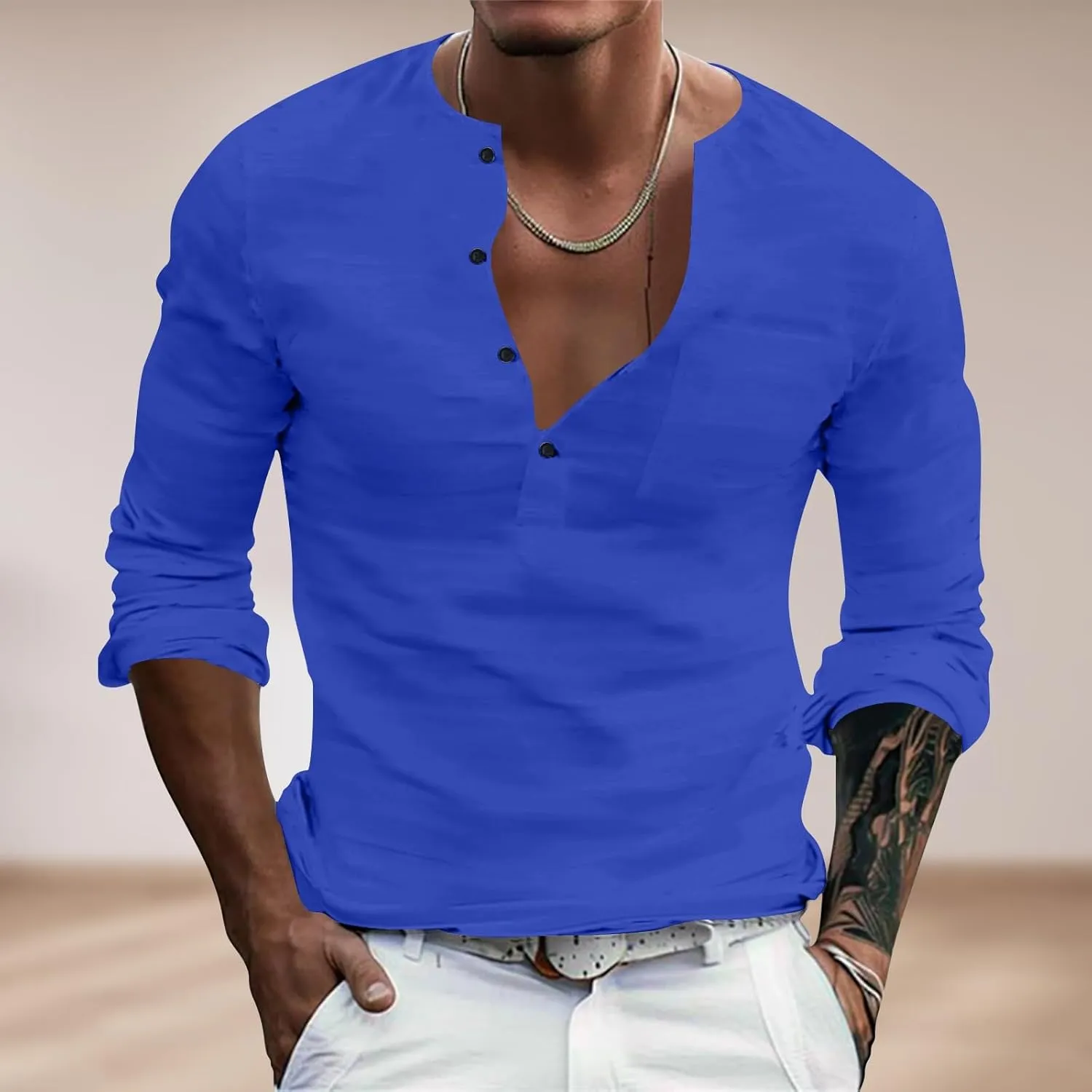Henley Shirts for Men Long Sleeve Fitted Cotton Summer Casual V Neck Work Soft T Shirts Beach Vacation Basic Tees