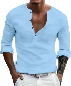 Henley Shirts for Men Long Sleeve Fitted Cotton Summer Casual V Neck Work Soft T Shirts Beach Vacation Basic Tees