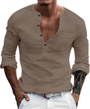 Henley Shirts for Men Long Sleeve Fitted Cotton Summer Casual V Neck Work Soft T Shirts Beach Vacation Basic Tees