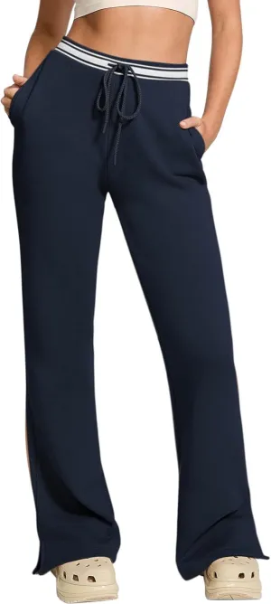 HeSaYep Women's Fleece Lined Sweatpants Winter Warm High Waisted Trousers Split Hem Flare Sweat Pants with Pockets