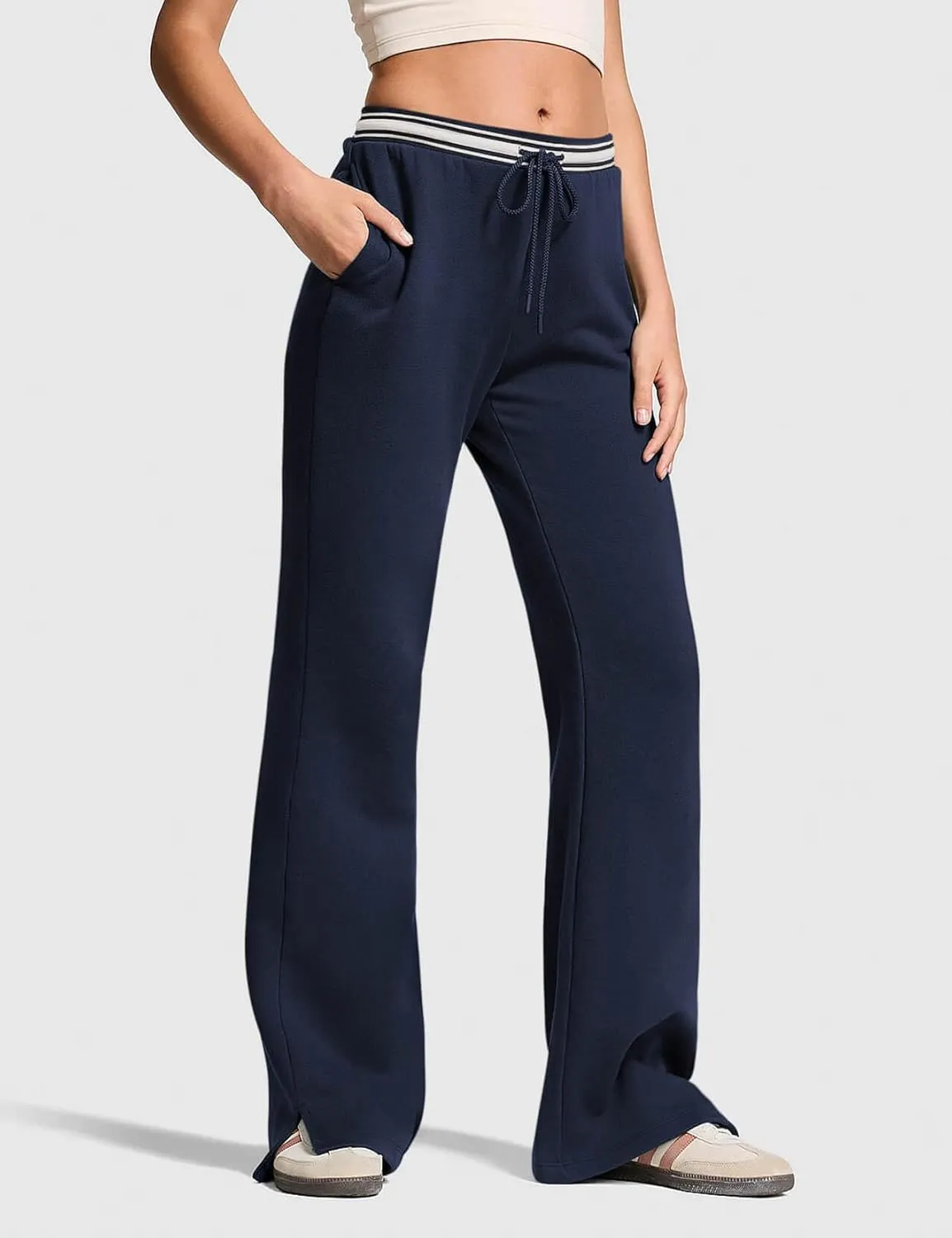 HeSaYep Women's Fleece Lined Sweatpants Winter Warm High Waisted Trousers Split Hem Flare Sweat Pants with Pockets