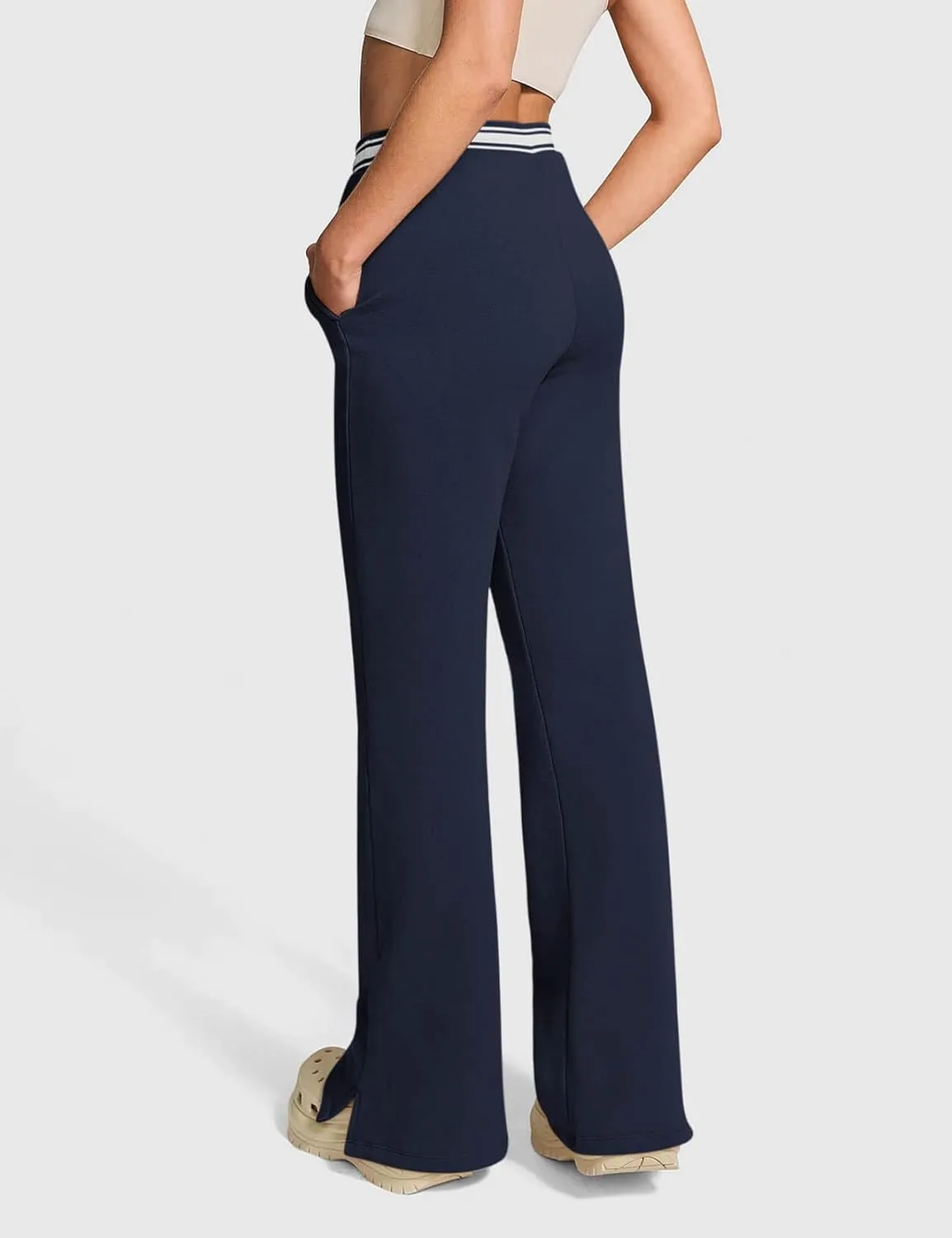 HeSaYep Women's Fleece Lined Sweatpants Winter Warm High Waisted Trousers Split Hem Flare Sweat Pants with Pockets