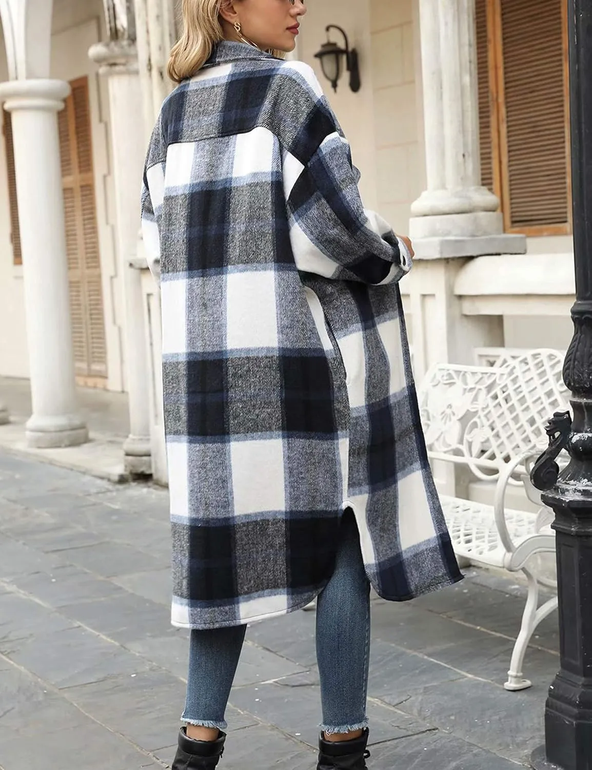 Himosyber Women's Casual Plaid Lapel Woolen Button Up Pocketed Long Shacket Coat