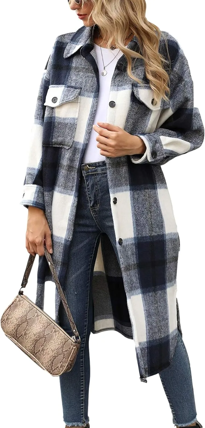 Himosyber Women's Casual Plaid Lapel Woolen Button Up Pocketed Long Shacket Coat
