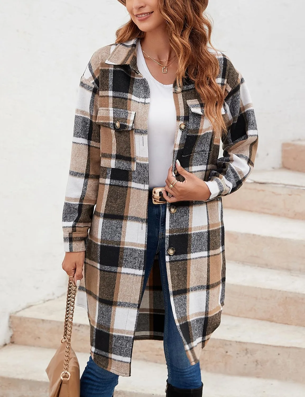 Himosyber Women's Casual Plaid Lapel Woolen Button Up Pocketed Long Shacket Coat