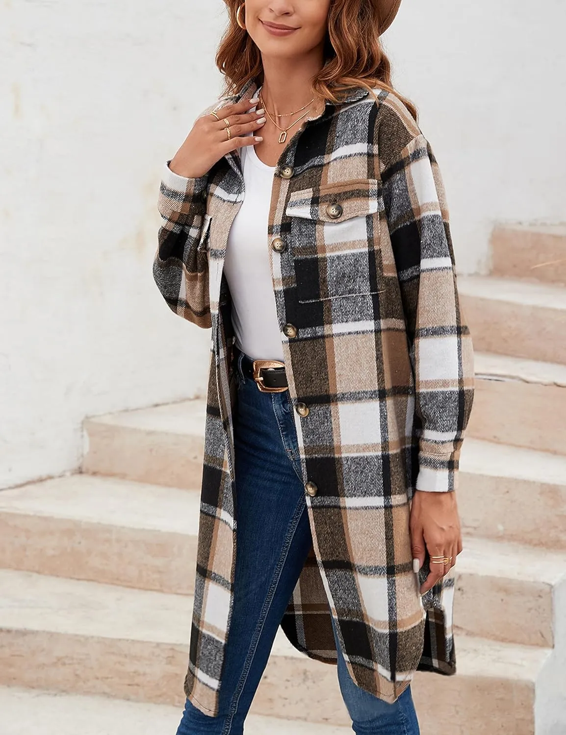 Himosyber Women's Casual Plaid Lapel Woolen Button Up Pocketed Long Shacket Coat