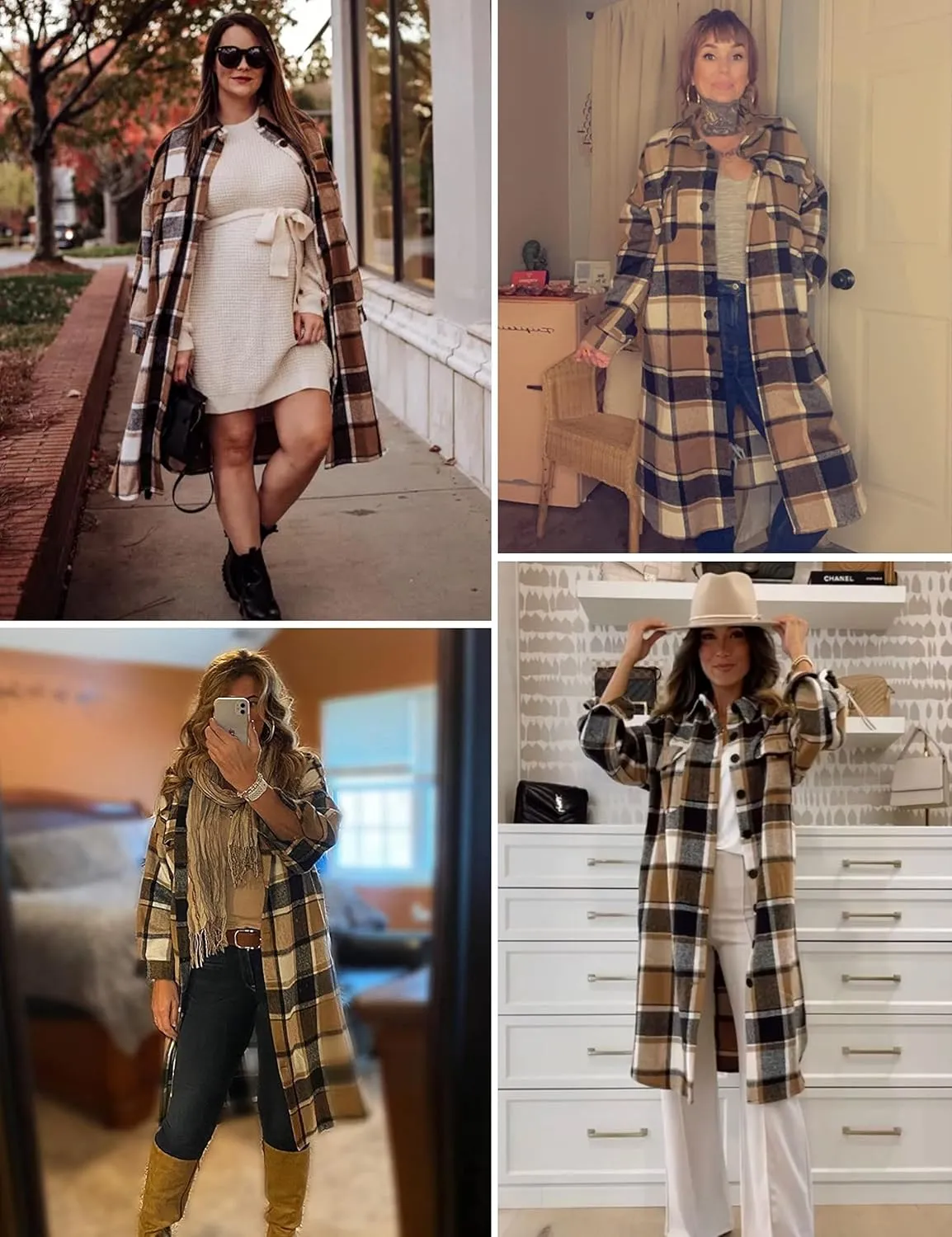 Himosyber Women's Casual Plaid Lapel Woolen Button Up Pocketed Long Shacket Coat