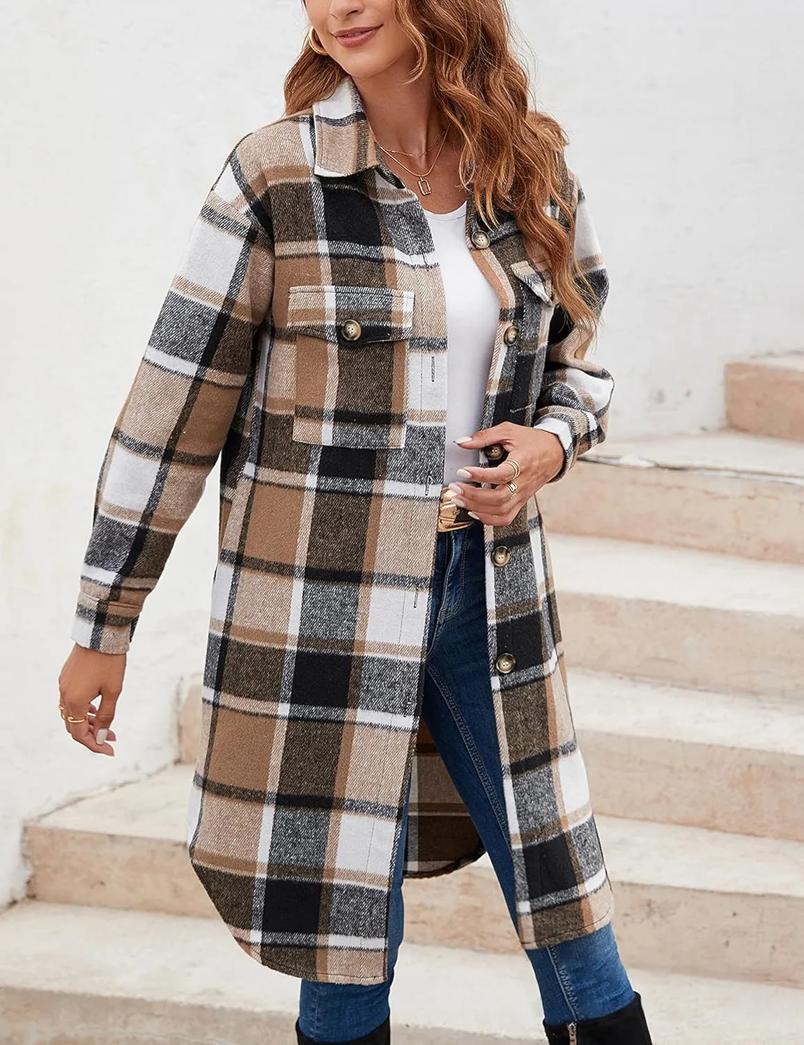 Himosyber Women's Casual Plaid Lapel Woolen Button Up Pocketed Long Shacket Coat