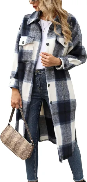Himosyber Women's Casual Plaid Lapel Woolen Button Up Pocketed Long Shacket Coat