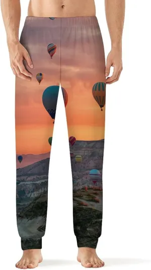 Hot Air Balloons Flying Tour over Mountains Men's Pajama Pants Lightweight Soft Long Lounge Pj Sleepwear with Pocket