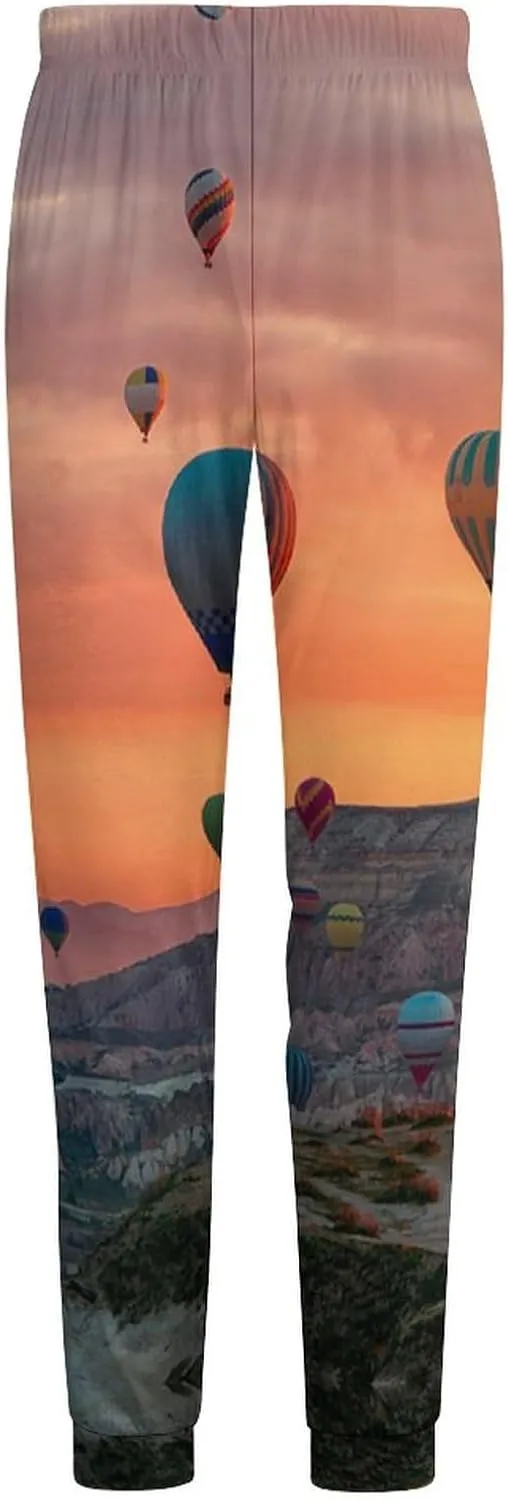 Hot Air Balloons Flying Tour over Mountains Men's Pajama Pants Lightweight Soft Long Lounge Pj Sleepwear with Pocket