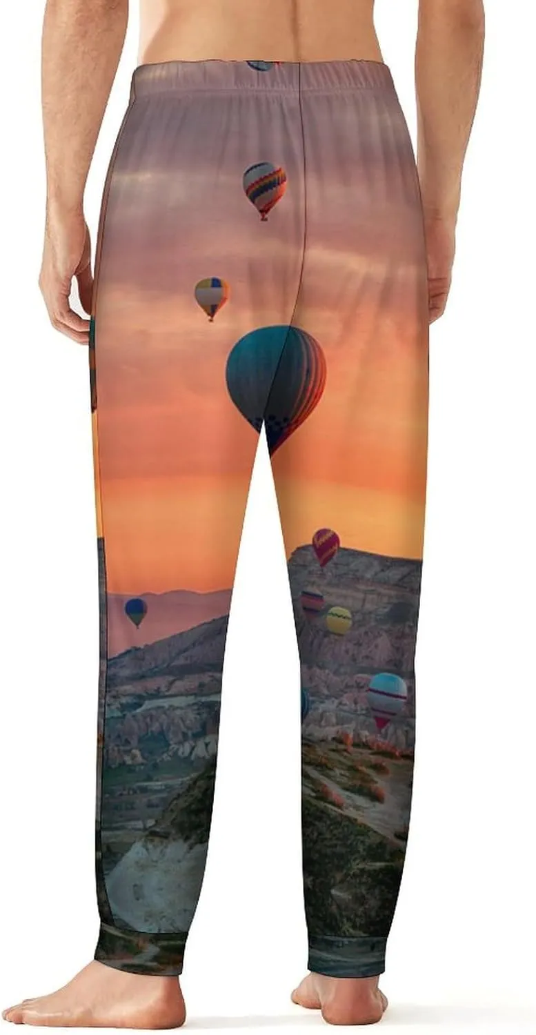 Hot Air Balloons Flying Tour over Mountains Men's Pajama Pants Lightweight Soft Long Lounge Pj Sleepwear with Pocket